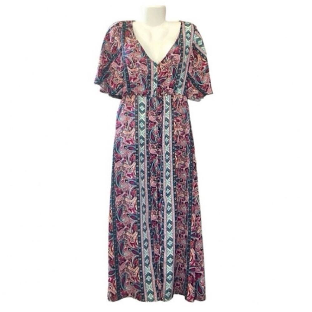 Windsor Women's Boho-Inspired V-Neck Button Front Flutter Sleeve Maxi Dress SZ L